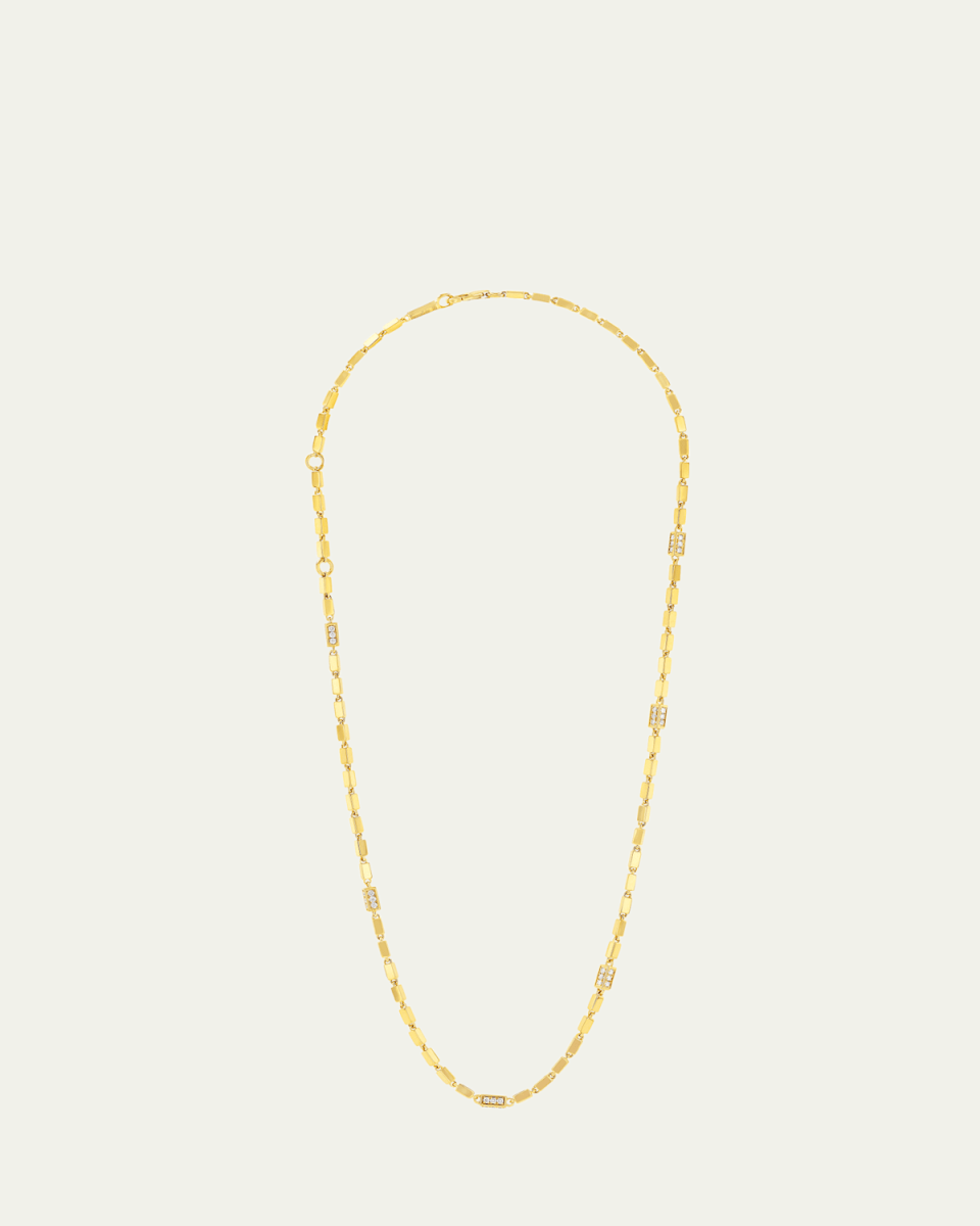 18K Yellow Gold Block Chain Medium 6 Pave Diamond Station Links Necklace
